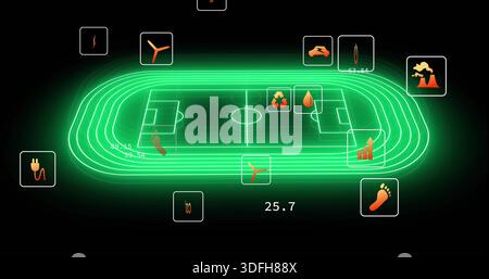 Displaying neon-green oval running track enclosing soccer pitch on dark dashboard, with eco icons Stock Photo