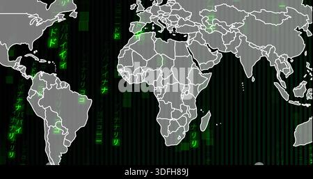 Displaying centered gray world map showing white borders on dark grid, showing green code tiles Stock Photo
