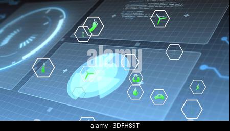 Displaying central circular holographic radar on virtual control dashboard, with green hex icons Stock Photo
