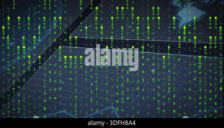 Cascading neon green binary streams flowing across navy grid, with glowing nodes Stock Photo