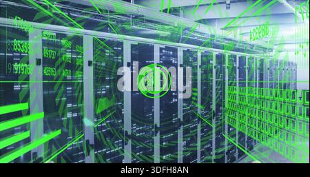 Showing central server racks with glass doors, LED lights in data center aisle, displaying neon HUD Stock Photo