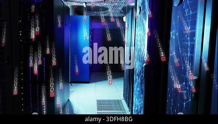 Displaying server racks glowing with LEDs in data center aisle, showing binary overlay and vents Stock Photo