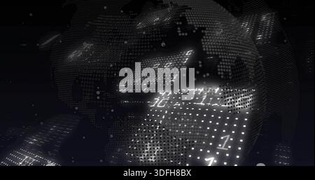 Rotating dotted mesh globe revealing illuminated data panels in virtual space, binary digits Stock Photo