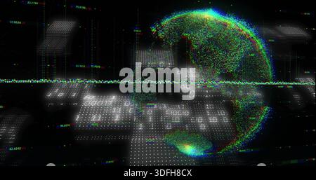 Pulsing point-cloud globe glowing right over dot-matrix plane, showing binary digits, copy space Stock Photo