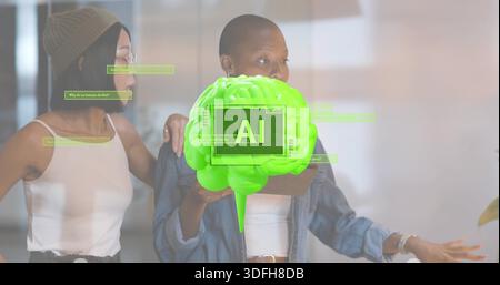 Holding tablet, presenter in denim jacket gesturing at neon 3D brain labeled AI in office meeting Stock Photo