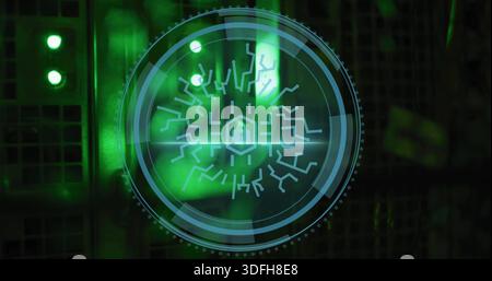 Projecting translucent circular HUD overlay showing padlock, concentric rings over server rack room Stock Photo