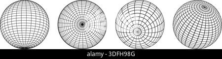 Set of globe wireframes in different positions on white background. Orb models, spherical shapes, meshed balls. Earth sphere figures with grid of Stock Vector