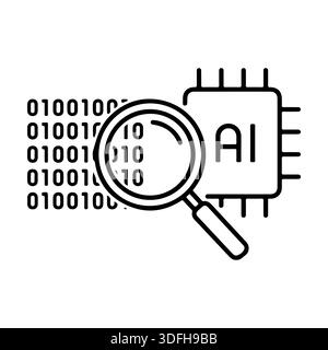 AI Data Analysis Concept. Magnifying Glass Inspecting Binary Code and AI Processor Chip. Stock Vector