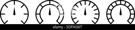 A set of four minimalist line icons representing various analog meters, scales, and dial indicators Stock Vector