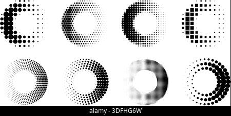 Set of black and white circular halftone patterns with dots and squares on a white background Stock Vector