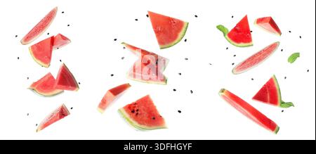 Set of flying pieces of fresh watermelon on white background Stock Photo