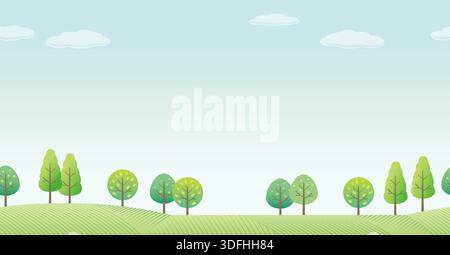 Vector Seamless Hilly Forest In Springtime Background Illustration With Text Space. Horizontally Repeatable. Stock Vector