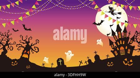 Seamless Happy Halloween Vector Background With A Haunted Mansion, Trees, Ghosts, And A Witch Flying Across The Full Moon. Horizontally Repeatable. Stock Vector