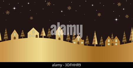 Seamless Winter Townscape With Starry Sky, Snowflakes, And Text Space. Vector Illustration. Horizontally Repeatable. Stock Vector