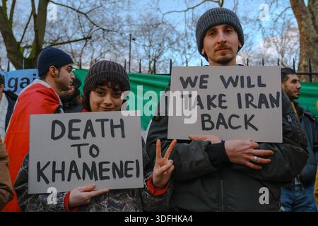 London, UK. 12th January, 2026. Hundreds from the Iranian community gathered opposite the Iranian Embassy in Kensington in a continuation of protests calling for regime change. The protests in Iran initially began with a traders' strike in Tehran on the 28th December as the currencies value plunged against the US dollar, and quickly spread across the country demanding an end to the clerical rule. The goverment is currently imposing a digital blackout, with concerns it is being used to violently quash dissent. Credit: Eleventh Hour Photography/Alamy Live News Stock Photo