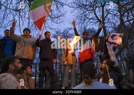 London, UK. 12th January, 2026. Hundreds from the Iranian community gathered opposite the Iranian Embassy in Kensington in a continuation of protests calling for regime change. The protests in Iran initially began with a traders' strike in Tehran on the 28th December as the currencies value plunged against the US dollar, and quickly spread across the country demanding an end to the clerical rule. The goverment is currently imposing a digital blackout, with concerns it is being used to violently quash dissent. Credit: Eleventh Hour Photography/Alamy Live News Stock Photo