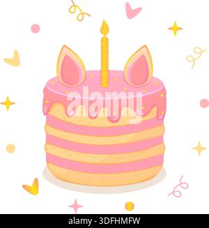 Whimsical birthday cake with ears, candle and confetti. Pink and yellow baked dessert with cream. Cute colorful vector illustration Stock Vector
