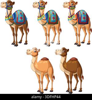 Five cartoon camels, three with patterned saddles, vibrant colors, clean vector style, white background Stock Vector