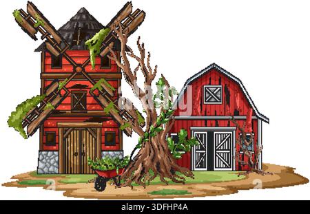 Cartoon vector of abandoned red farm buildings, broken windmill, and gnarled tree on barren ground Stock Vector