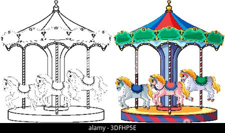 Amusement park carousel horses in colorful vector style beside clean black and white outline version Stock Vector