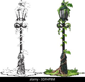 Vector of an old street lamp with green vines, includes both colored and outline versions. Stock Vector