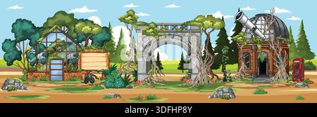 Cartoon vector landscape of abandoned observatory, greenhouse, and stone arch overrun by trees Stock Vector