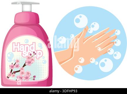 Pink floral hand soap bottle and hands washing with bubbles, flat vector illustration style Stock Vector