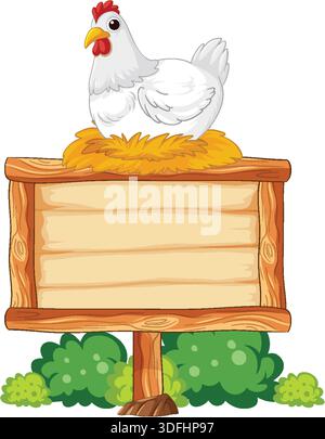 Cartoon white chicken sitting on nest atop blank wooden sign, green bushes below, bright colors Stock Vector