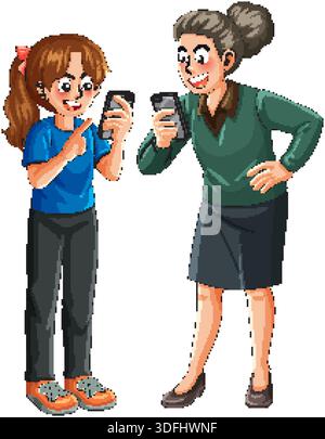 Cartoon characters of a child and adult interacting with their smartphones on white background Stock Vector