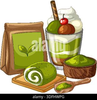 Vector illustration of matcha desserts including a layered parfait, swiss roll, and powdered tea Stock Vector