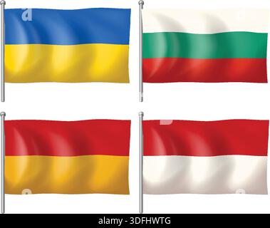 Vector illustration of four realistic waving flags with metallic poles, isolated on white background Stock Vector