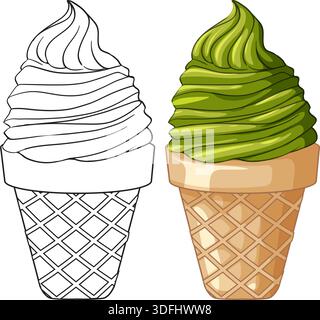 Vector illustration of matcha green tea soft serve ice cream in line art and color Stock Vector