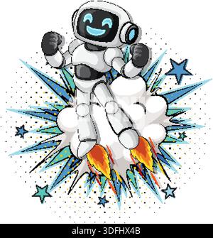 Cartoon robot with jetpack blasts off, surrounded by comic-style explosion and vibrant stars Stock Vector