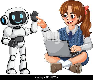 Cartoon schoolgirl studies on laptop while interacting with smiling robot companion, bright flat vector style Stock Vector