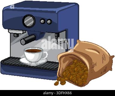 Vector illustration of a blue espresso machine, white coffee cup, and burlap sack of beans Stock Vector
