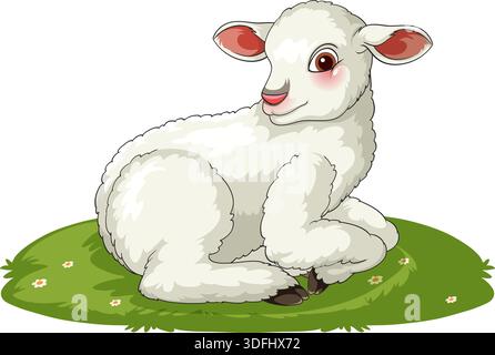 Cute cartoon white lamb lying on green grass with flowers in a soft vector style Stock Vector
