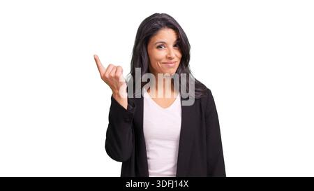 Woman inviting with finger gesturing to copyspace isolated on transparent background Stock Photo