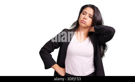 Woman experiencing neck pain feeling tired and stressed Stock Photo