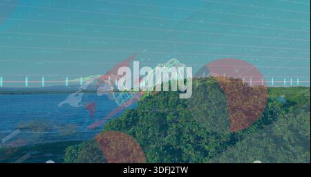 Displaying centered green hill over calm river, overlaying red circle, world map, neon graphs, grid Stock Photo