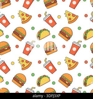 Fast food seamless pattern with burger, pizza slice, taco and soda cup on white background Stock Vector