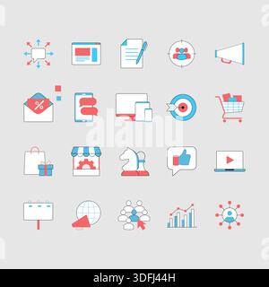 Collection of various business and social media icons in red blue and white colors Stock Vector