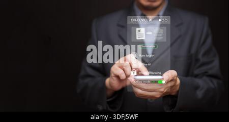 On-device AI technology with secure offline summarization. Private data processing, artificial intelligence runs locally for cybersecurity and digital Stock Photo
