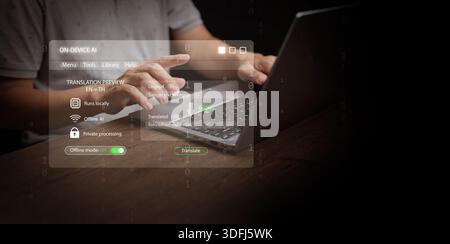 On-device AI technology with secure offline translation. Private data processing, and artificial intelligence runs locally for cybersecurity and digit Stock Photo
