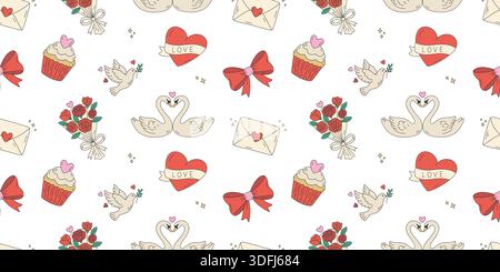 Valentines Day seamless pattern with romantic swans, hearts, roses, and love letters Stock Vector