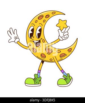 Cartoon funky groovy crescent moon character Stock Vector