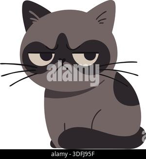 A round faced gray cat sits with a frown and heavy eyelids giving a moody expression in a flat illustration. Stock Vector