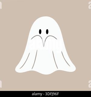 A simple white sheet ghost with two eye holes hovering over a beige background in a cute minimalist style. Stock Vector