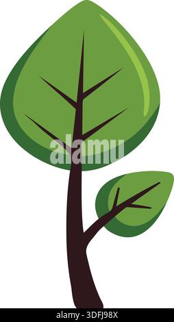 A small tree with a large heart shaped green leaf and a tiny sprout leaf growing from a brown trunk. Stock Vector