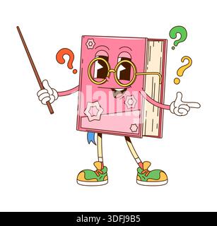 Cartoon retro groovy book with teacher pointer Stock Vector