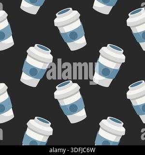 Coffee paper cup seamless pattern design on dark background. Coffee to go, take away concept. White glass with blue label. Vector illustration Stock Vector